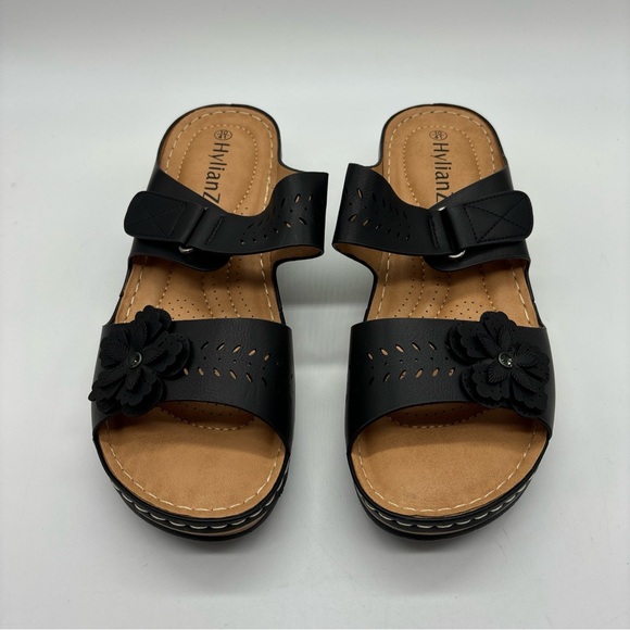 Hylianz Women’s Comfort Wedge Flower Slide Sandals, Black, 10 - Picture 2 of 6